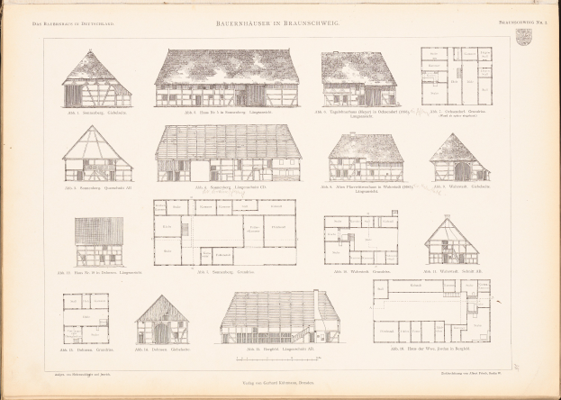 Ein aufgeschlagenes Buch mit detaillierten Plänen und Zeichnungen verschiedener einzigartig gestalteter Häuser, begleitet von beschreibendem Text.