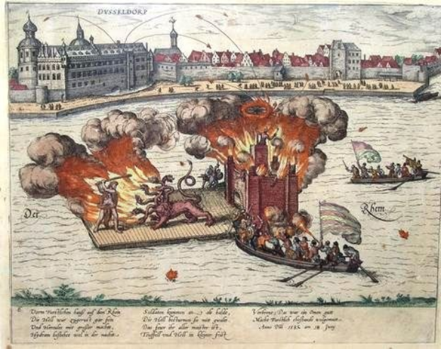 Gemälde, das die Belagerung von Dresden im Jahr 1685 zeigt, mit einem Feuer im Wasser und einem Boot voller Menschen, umgeben von Gebäuden, Bäumen und einem Himmel.