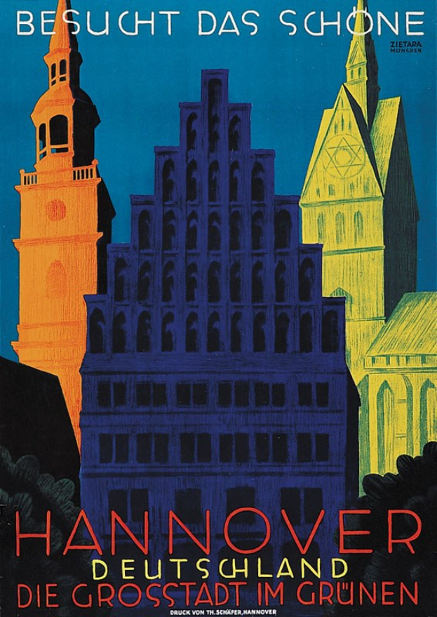 Ein Plakat, das Hannover, Deutschland bewirbt, mit einigen Gebäuden, Bäumen und Text, der Informationen über die Stadt bereitstellt.