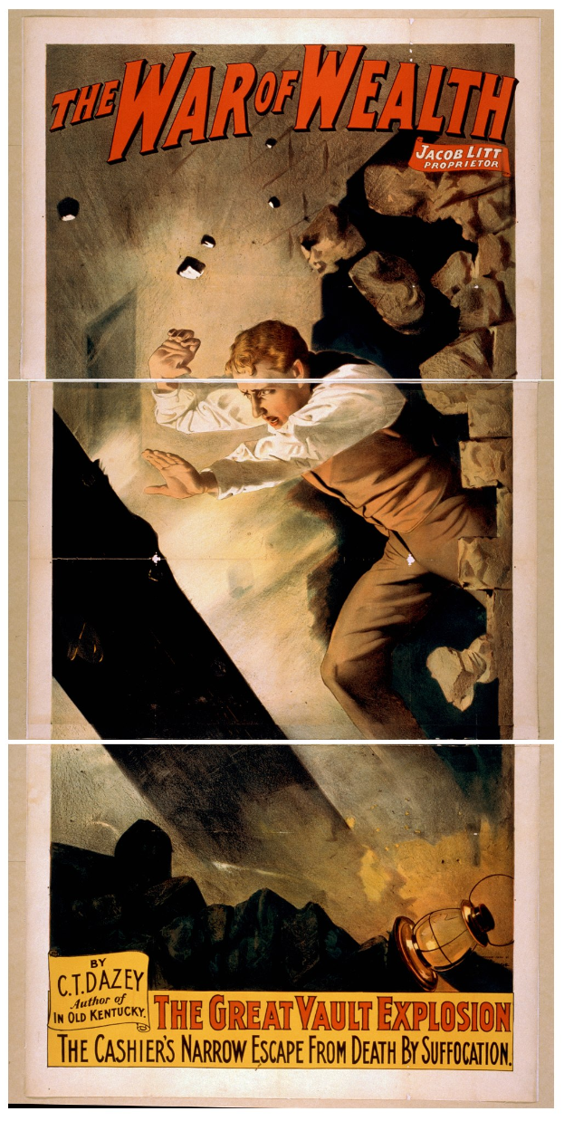 Eine Person in einem langen, dunklen Mantel und Hut steht heroisch mit ausgestreckten Armen umgeben von Text, der "Der Krieg des Reichtums: Die große Tresor-Explosion" gegen einen tiefblauen, sternenklaren Hintergrund liest.