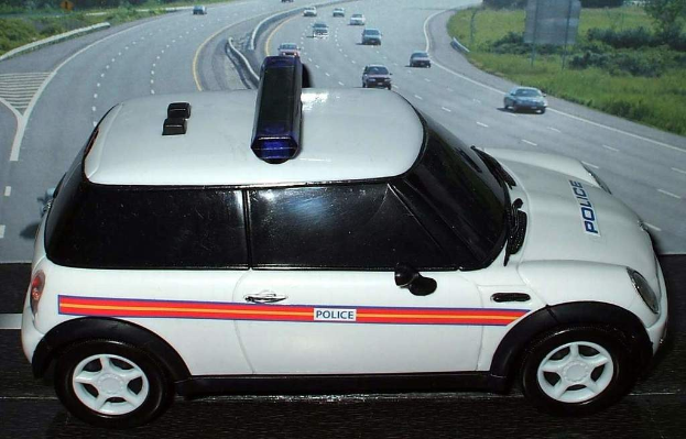 Weißes Polizeiauto mit "Polizei"-Aufschrift auf einer Landstraße, umgeben von fahrendem Verkehr, Gras und Bäumen.