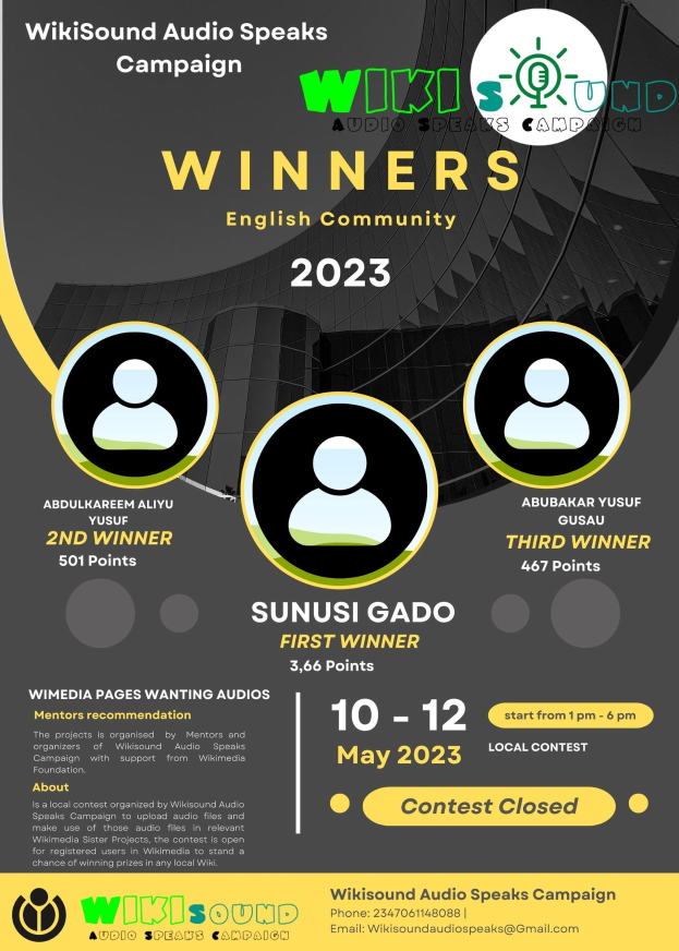 Ein buntes Plakat mit einem blauen Hintergrund und gelber und weißer Schrift, die in fetter Schrift 'Gewinner' lesen, mit lächelnden Menschen in der Mitte.