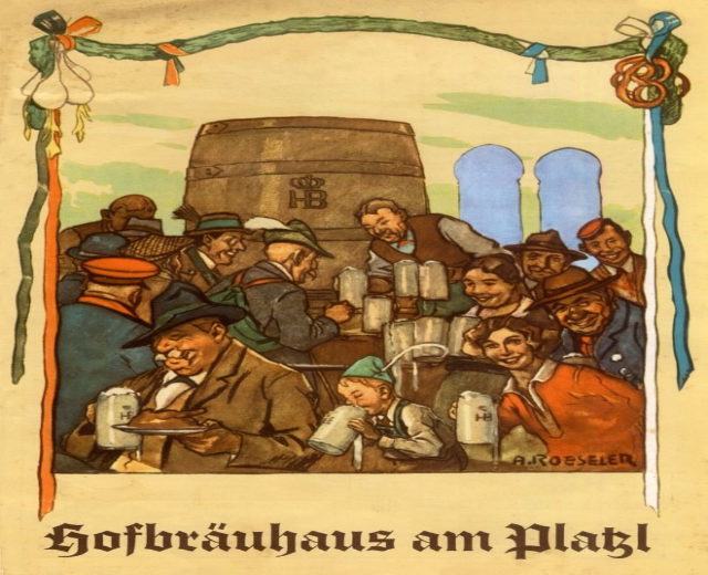 Plakat für ein deutsches Bierfest mit Menschen, die Biergläser halten und einen Fass im Hintergrund mit deutschem Text unten.