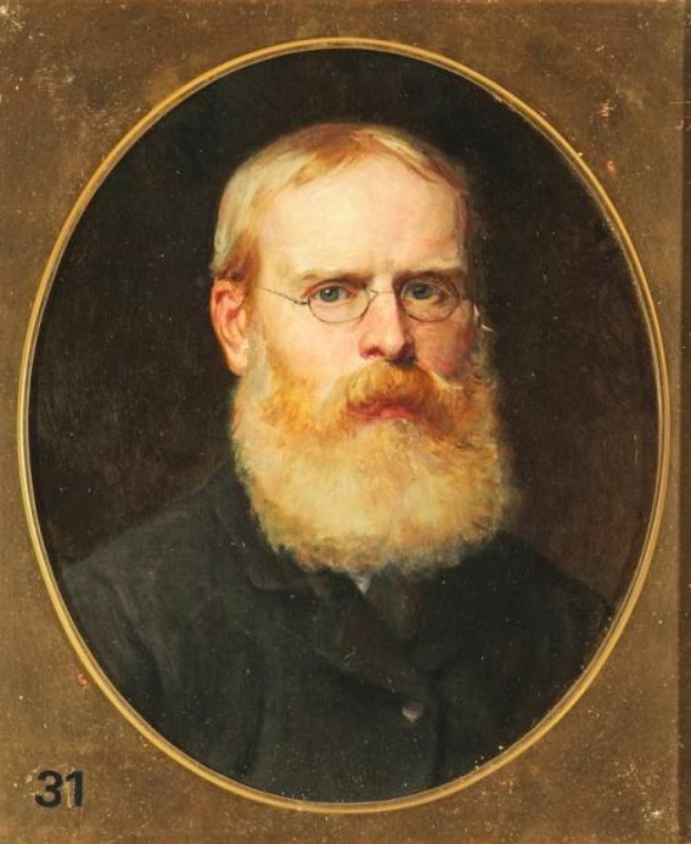 Portrait eines Mannes mit langem Bart und Brille, der ein weißes Hemd und dunkle Hosen trägt, Hände gefaltet, ernster Gesichtsausdruck, gemalt auf einer Rahmenleinwand mit Zahlen links.