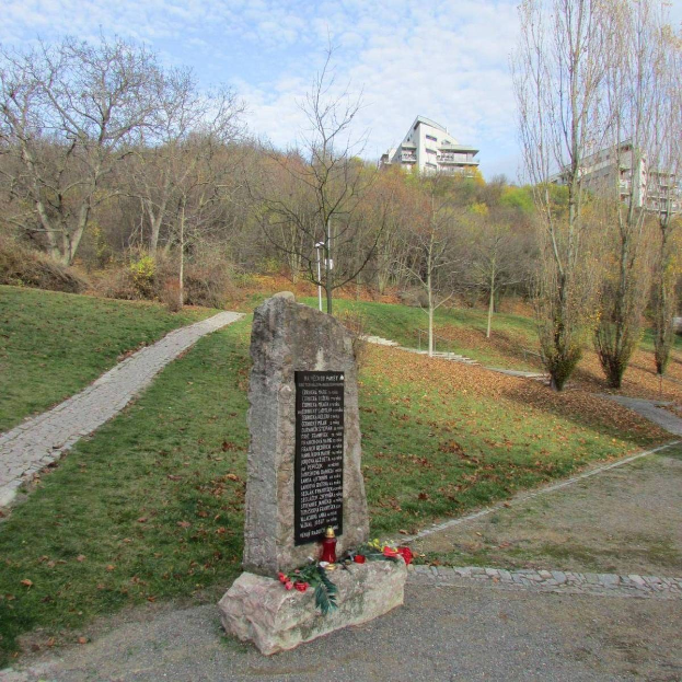 Ein Denkmal in einem Park mit einer Tafel, auf der "Gedenkstätte für die Opfer der Tschernobyl-Katastrophe" steht, umgeben von Gras, trockenen Blättern, einem Weg, Bäumen, Pflanzen, einem Straßenpfahl, Gebäuden und einem bewölkten Himmel.