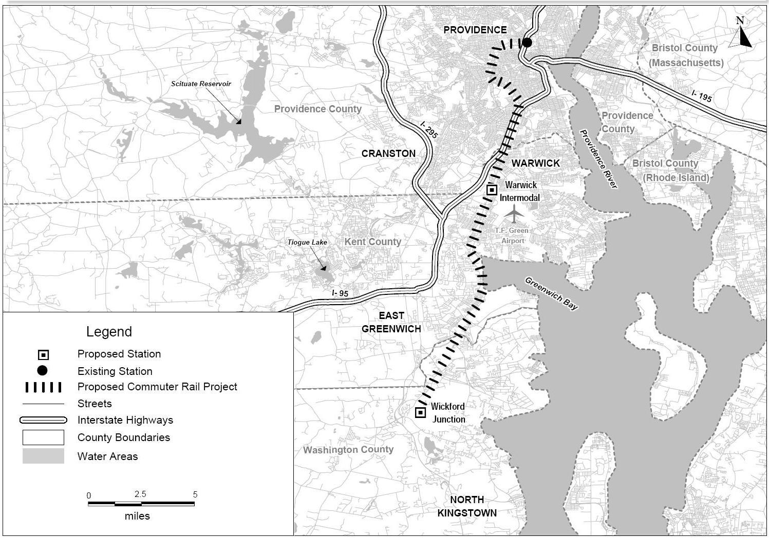 Schwarze und weiße Karte einer Stadt mit einem Fluss, Straßen und Autobahnen, beschriftet mit "Vorgeschlagenes Nahverkehrsbahnprojekt" auf der linken Seite.