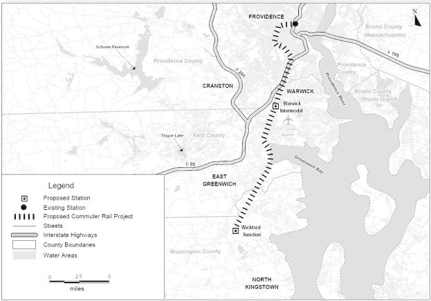 Schwarze und weiße Karte einer Stadt mit einem Fluss, Straßen und Autobahnen, beschriftet mit "Vorgeschlagenes Nahverkehrsbahnprojekt" auf der linken Seite.