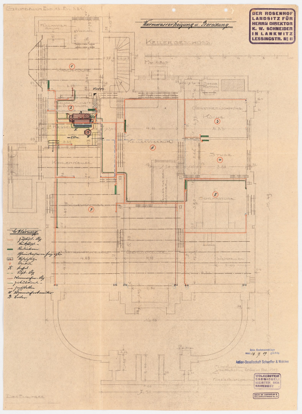 Schwarz-weißer Architekturplan des Rosenhof-Krankenhauses in Hamburg, Deutschland, mit detaillierter Darstellung mit zahlreichen Kabeln, Räumen, Fluren und Textanmerkungen.