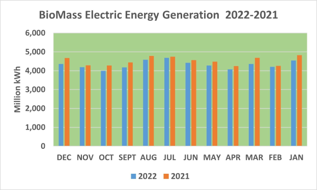 Eine Liniengrafik, die die Trends der Biomasse-Elektrizität von 2021 bis 2022 zeigt, mit begleitendem erklärendem Text.