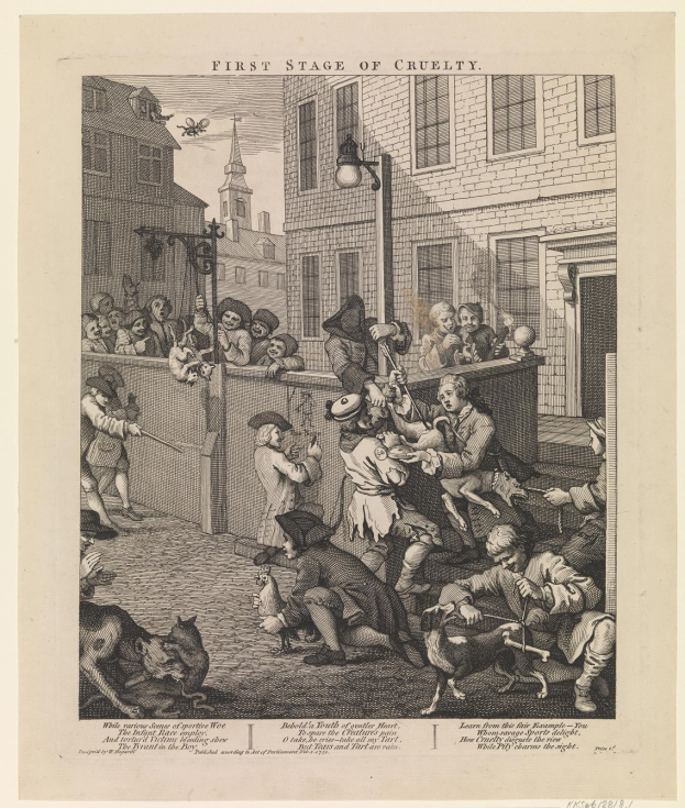 Eine Gruppe von Menschen und Tieren versammelt sich vor einem Gebäude mit Fenstern und einer Laterne, mit der Beschriftung "Erste Stufe der Grausamkeit" unten.