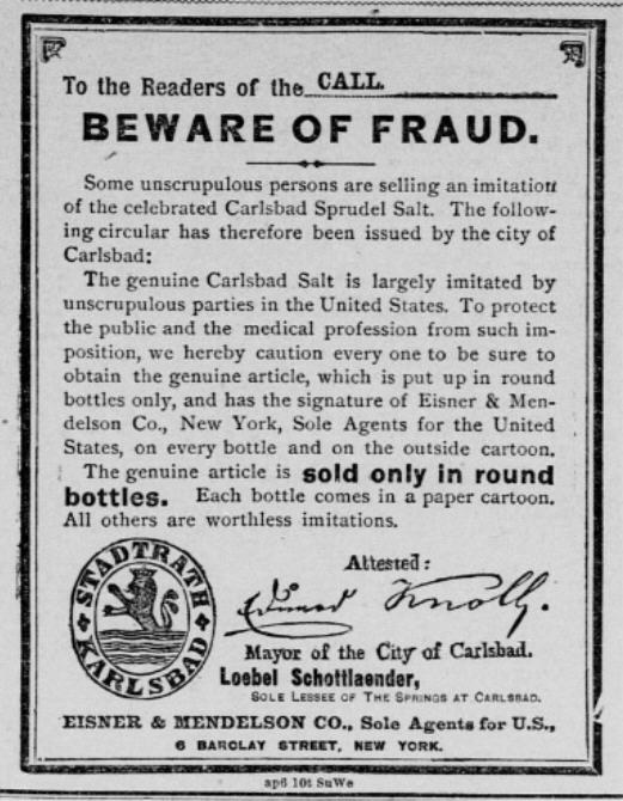 Schwarz-weißes Plakat warnt vor Betrug mit Text "Carlsbad Spruud Salt" und begleitendem Logo.
