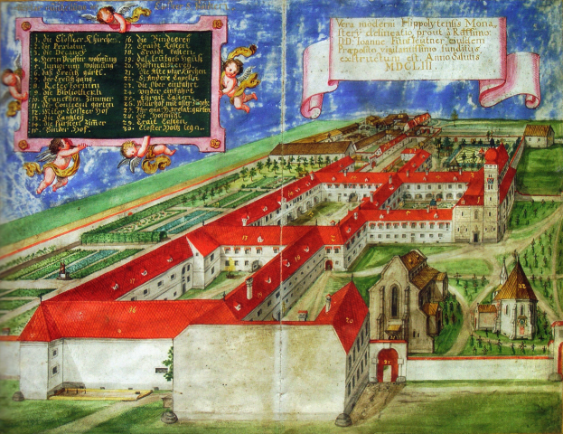 Illuminierte Handschrift mit detaillierter Stadtansicht mit Gebäuden, Bäumen, Pflanzen und Gras, gerahmt in einem klassischen Photo-Rahmen.