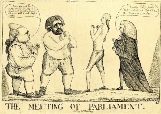 Eine handgezeichnete Skizze von drei Personen, die stehen und diskutieren, mit der Beschriftung "Die Parlamentssitzung" unten.