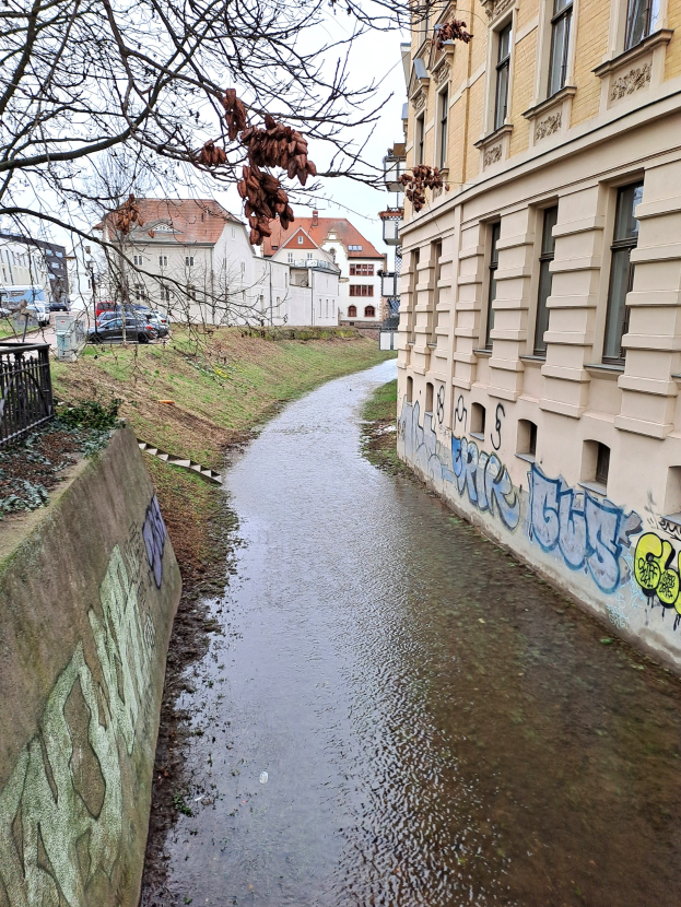 Kleiner Bach neben einem graffiti-bedeckten Gebäude in einer städtischen Gegend mit einem Geländer auf der linken Seite, Gebäuden, Bäumen, Fahrzeugen und Himmel im Hintergrund.