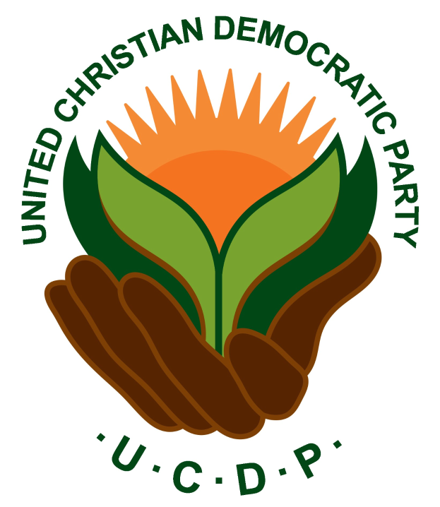 Logo der Vereinigte Christdemokratische Partei (UCDP): eine Hand, die eine leuchtend gelbe Blume mit grünem Stiel und Blättern hält, mittig in einem blauen und gelben Kreis auf einem weißen Hintergrund, mit "UCDP" in fetter schwarzer Schrift darunter.