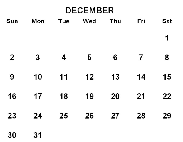 Kalender für Dezember 2019 mit fetten und farblich hervorgehobenen Feiertagen auf einem weißen Hintergrund.