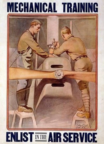 Plakat mit zwei Personen, eine hält ein Objekt, mit Text "Mechanische Ausbildung - Treten Sie der Luftstreitkräfte bei" wirbt für ein mechanisches Ausbildungsprogramm der Luftstreitkräfte.