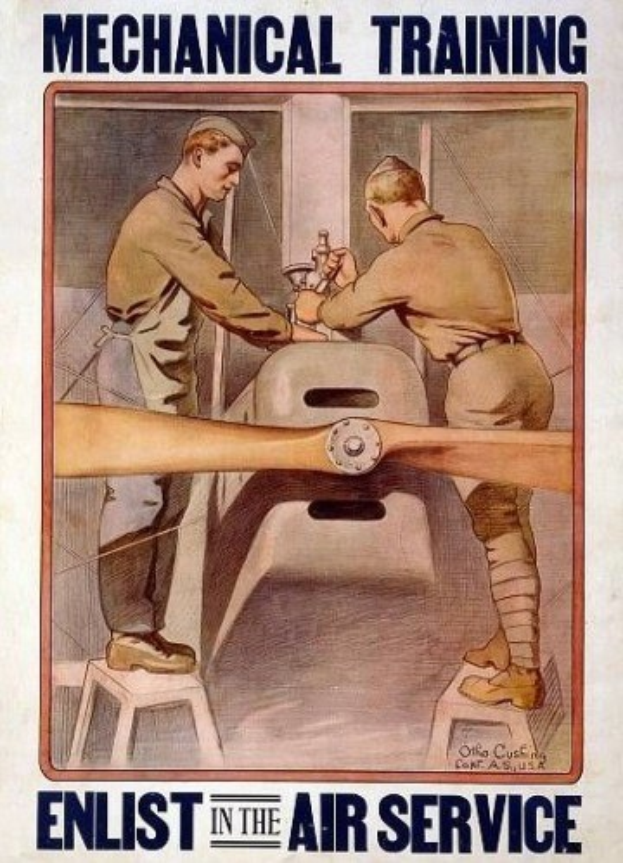 Plakat mit zwei Personen, eine hält ein Objekt, mit Text "Mechanische Ausbildung - Treten Sie der Luftstreitkräfte bei" wirbt für ein mechanisches Ausbildungsprogramm der Luftstreitkräfte.