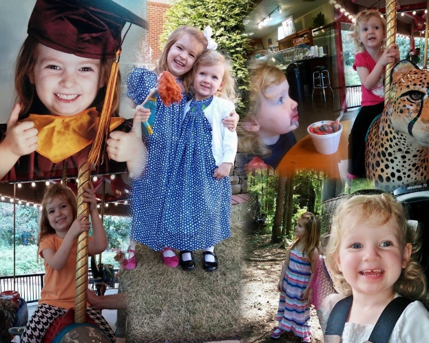 Collage mit lustigen Fahrgeschäften, Kindern, einem Tisch mit Lebensmitteln, einem Becher, einem Löffel, Lampen, einer Wand, Büschen, Bäumen, Gras, einem Seil und einer Mütze.