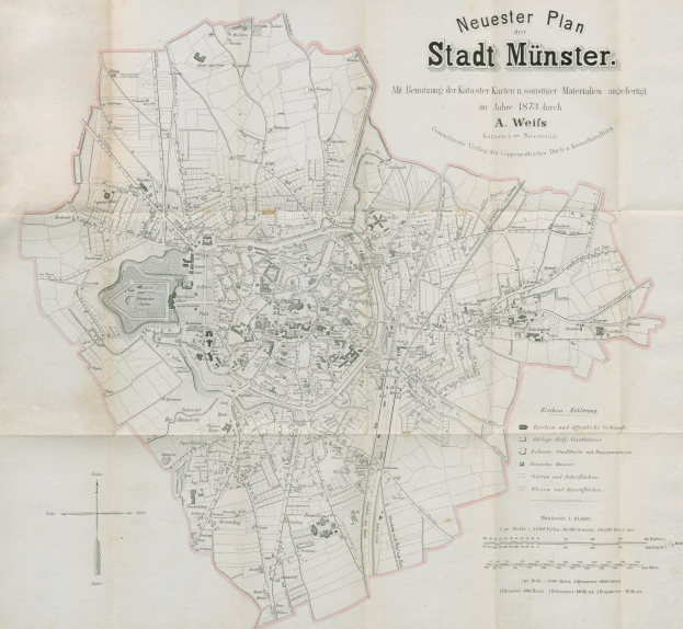 Detailreiche Karte von Stadt Münster, Deutschland, aus dem Jahr 1873 mit Textbeschriftungen