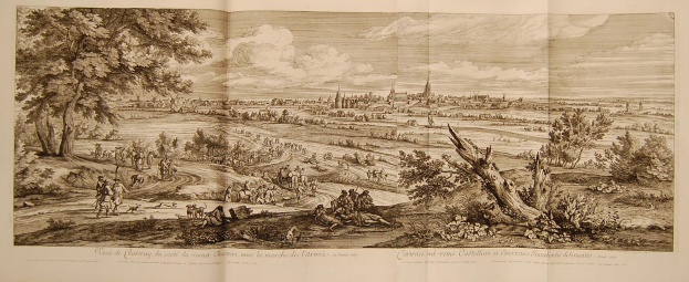 Offenes Buch mit der Aufschrift "Sicht auf die Schlacht von Castellum und Castellium, aus der Illustrated London News" mit einer Landschaftsillustration mit Menschen in Vordergrund, Bäumen, Pflanzen, Gebäuden im Hintergrund und Wolken am Himmel.