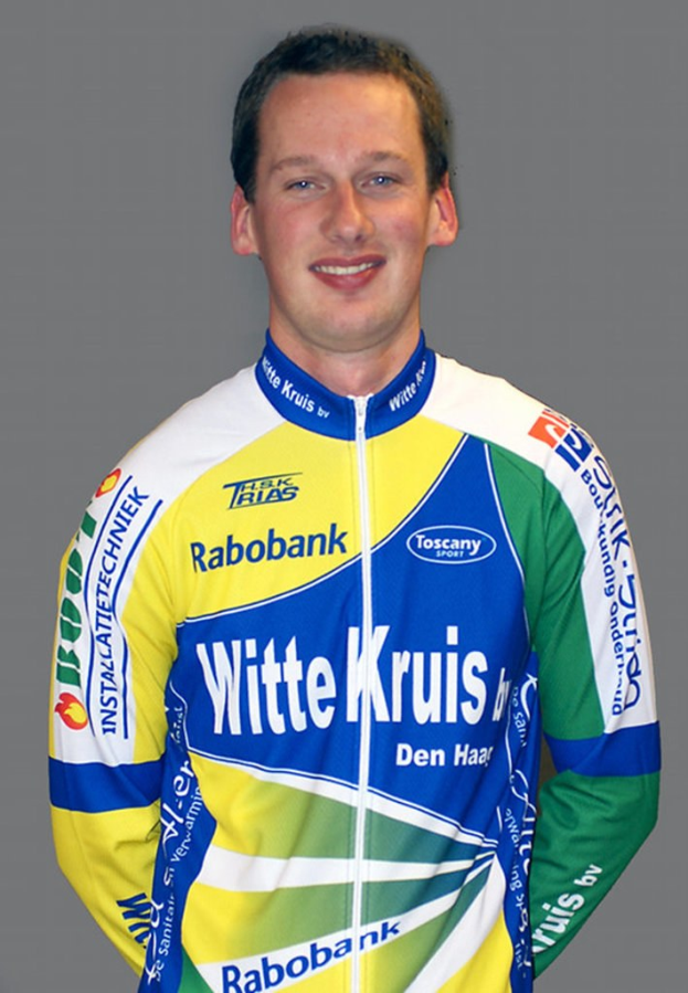 Ein männlicher Athlet posiert für ein Foto, auf dem sein Hemd mehrere Sponsoren-Logos trägt.