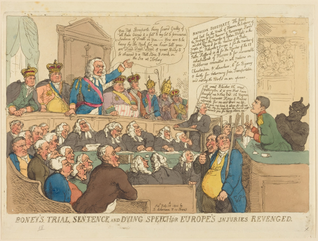Cartoon-Illustration eines Gerichtssaals mit einem zentralen stehenden Mann, einer sitzenden Jury und einem Tisch mit Gegenständen, betitelt "Boney's Trial, Sentence and Dying Speech Europe's Injuries Revenged".