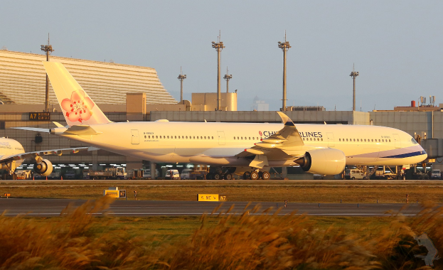 Ein großes Passagierflugzeug auf einer Flughafenpiste mit Gras und Pflanzen drumherum, Fahrzeuge und Gebäude im Hintergrund unter einem klaren blauen Himmel.