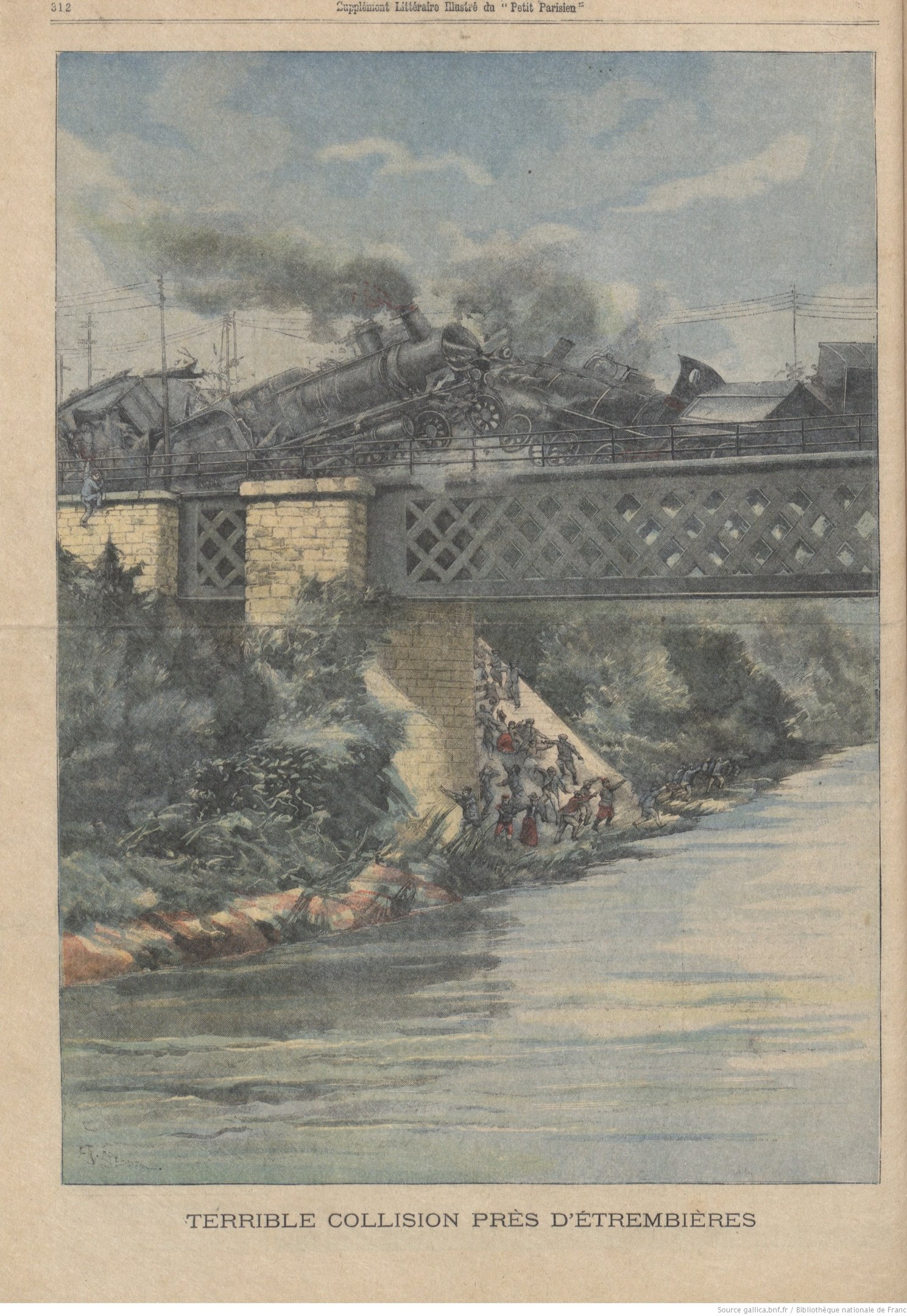 Ein altes Buchillustration zeigt eine Bahn, die über eine Brücke über einen Fluss fährt, mit Menschen auf der Brücke, Bäumen im Hintergrund und Wolken am Himmel, begleitet von Text unten.