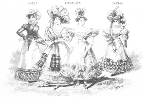 Eine Gruppe von Frauen in viktorianischen Kleidern und Hüten, die verschiedene Stilrichtungen und Muster zeigen, steht zusammen mit Text und Zahlen oben und unten auf dem Bild.