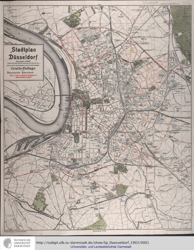 Ausführliche alte Karte von Düsseldorf, Deutschland, mit Straßen, Gebäuden und Sehenswürdigkeiten mit Text zu Bevölkerung und Straßeninformationen.