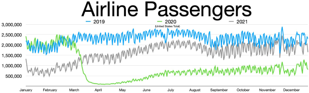 Balkendiagramm, das die Anzahl der Fluggesellschaften-Passagiere in den Vereinigten Staaten von 2019 bis 2021 zeigt, mit begleitendem Erläuterungstext.