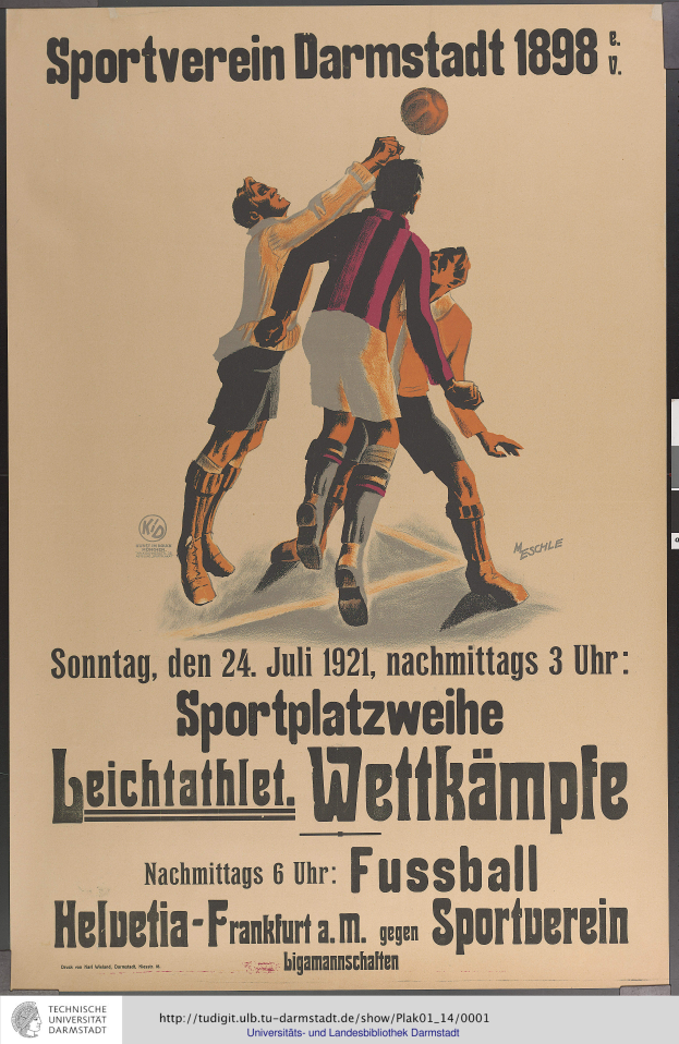 Ein Plakat, das ein Fußballspiel mit einer Gruppe von Männern in Fußballtrikots zeigt, die aktiv spielen, mit Text, der das Spiel und die Spieler beschreibt.