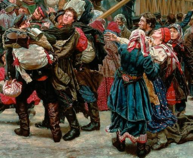Gemälde, das eine lebhafte Szene von Menschen zeigt, die in traditioneller russischer Kleidung während der russischen Revolution tanzen und einige Gegenstände halten, vor einer Menge und einem hölzernen Haus im Hintergrund.