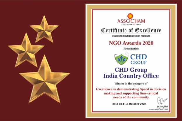 Auszeichnung für die NGO Awards 2020 mit dem Text "Chd Group India Country Office" und einem Schild-Logo mit einem Stern und einem Lorbeerkranz.