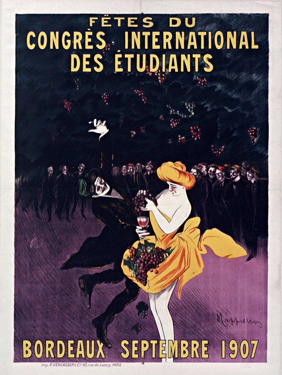 Plakat für ein Bordeaux-Weinprobe-Event im Jahr 1907 mit einer Frau in einem gelben Kleid, die ein Weinglas hält, umgeben von einer Menge, mit Eventdetails im Text.