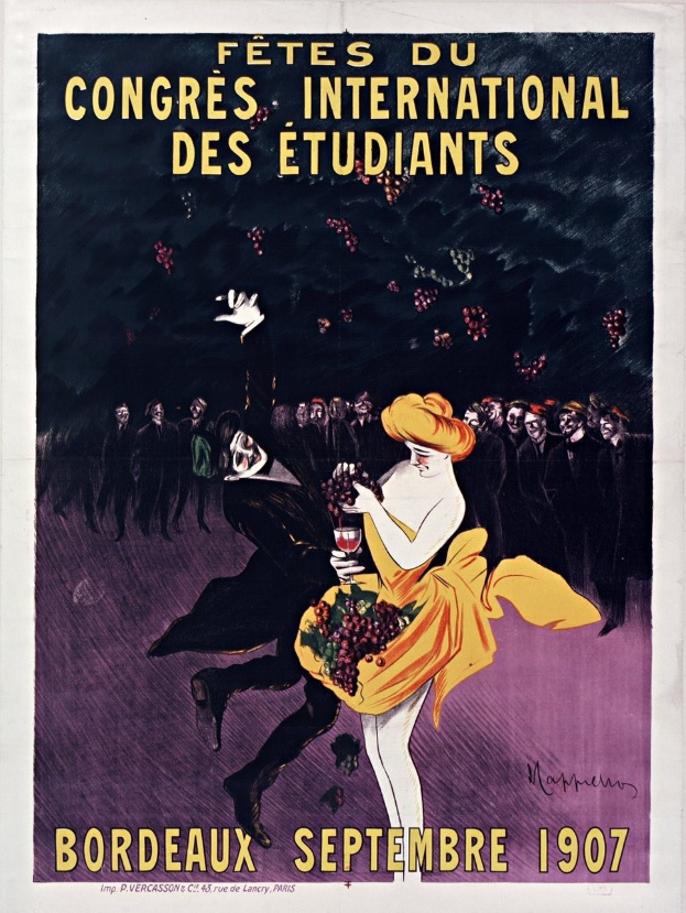 Plakat für ein Bordeaux-Weinprobe-Event im Jahr 1907 mit einer Frau in einem gelben Kleid, die ein Weinglas hält, umgeben von einer Menge, mit Eventdetails im Text.