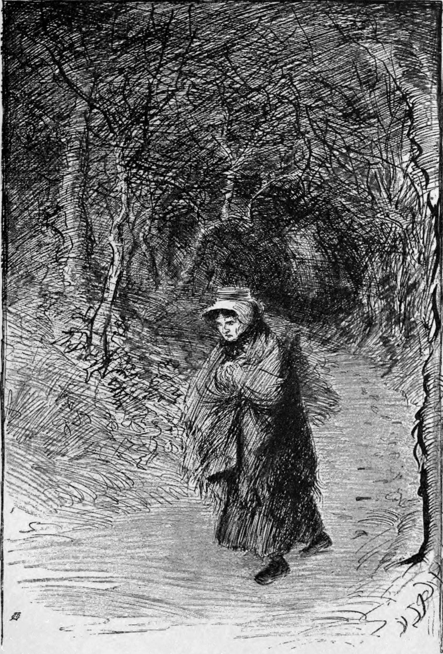 Alte Frau geht einen Waldweg entlang, trägt einen Hut und ist von Bäumen umgeben, mit Text unten.