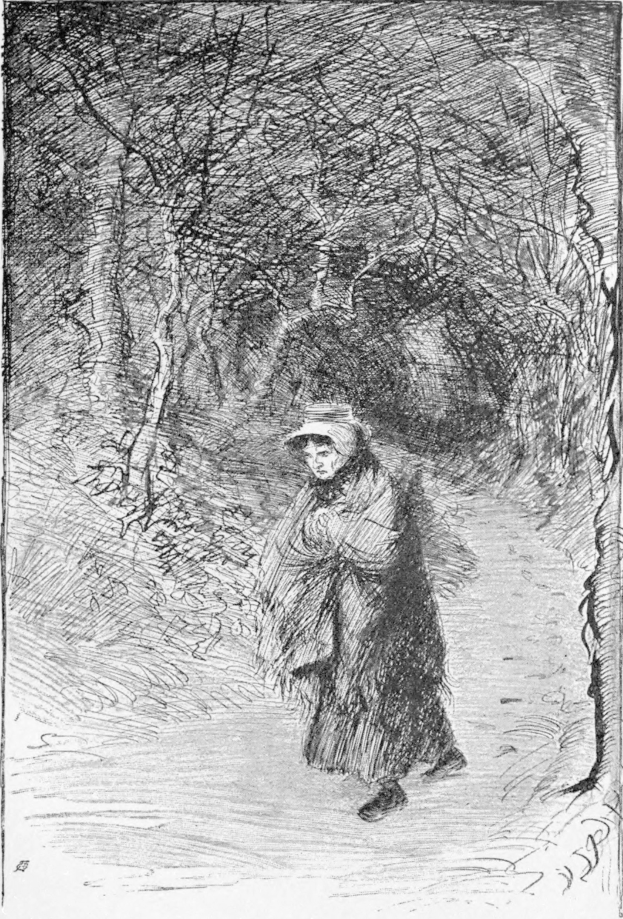 Alte Frau geht einen Waldweg entlang, trägt einen Hut und ist von Bäumen umgeben, mit Text unten.