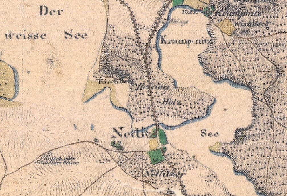 Detailierte alte Karte von Nettlitz, Deutschland, zeigt Straßen, Gebäude und Sehenswürdigkeiten mit Textanmerkungen.