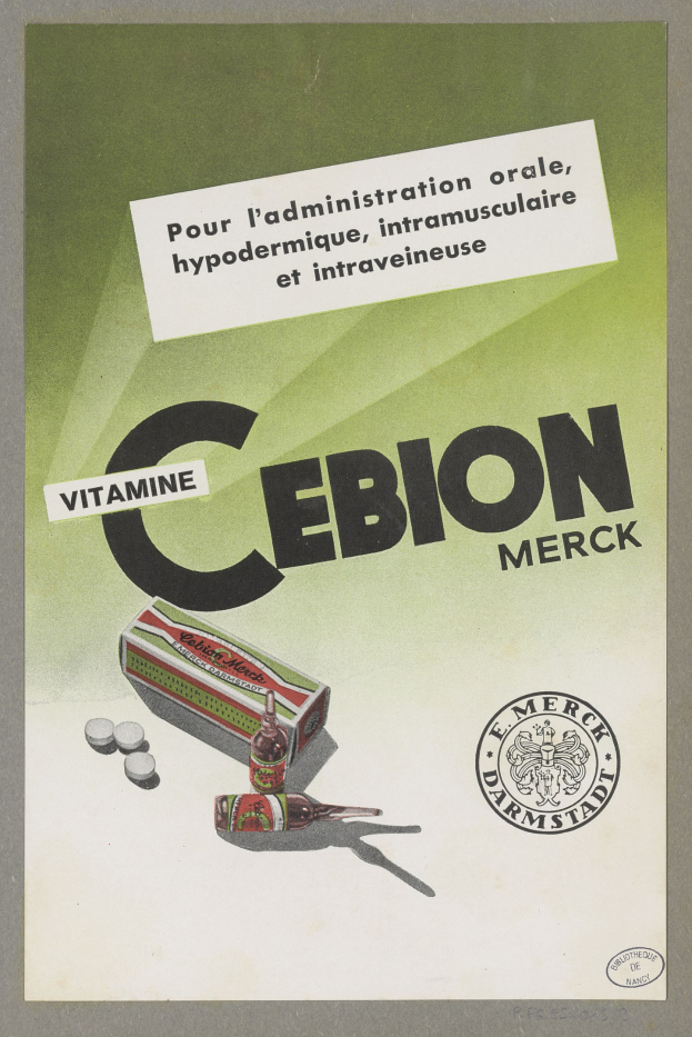 Plakat mit einer Flasche Cebion Merck Vitamin C und einer Packung Tabletten.