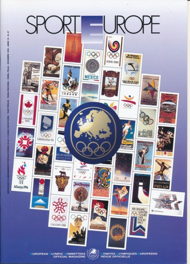 Ein Buchumschlag mit dem Titel "Sport in Europa" in leuchtenden Farben und Olympischen Symbolen, der Text und Bilder zu den Olympischen Spielen in Europa enthält.