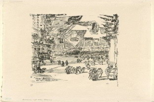 Eine belebte Stadtstraße mit Menschen, die zwischen hohen, bunten Gebäuden und wehenden Flaggen gehen, signiert 'James Abbott McNeill Whistler, 'New York City, New York, New England'