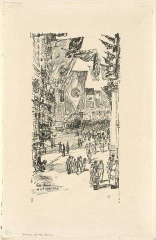 Eine belebte Stadtstraße mit Menschen, die zwischen hohen, bunten Gebäuden und wehenden Flaggen gehen, signiert 'James Abbott McNeill Whistler, 'New York City, New York, New England'