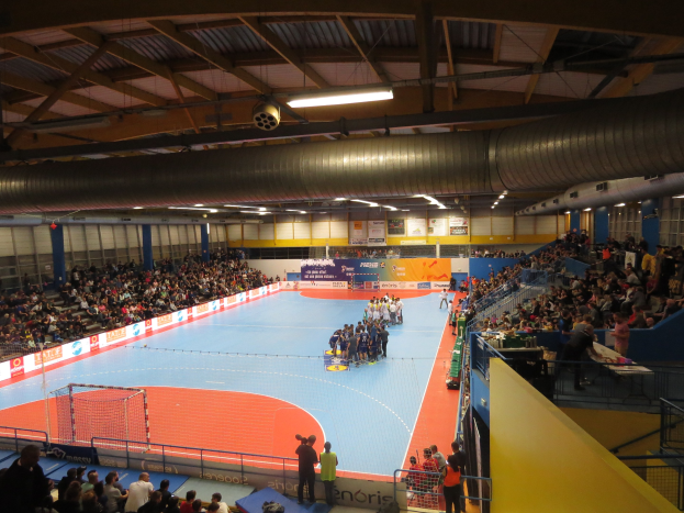 Große Halle mit Zuschauern bei einem Handballspiel, mit Sitzplätzen und Stehplätzen, einem Netz auf der linken Seite, Anzeigetafeln im Hintergrund und Deckenleuchten und Rohren.