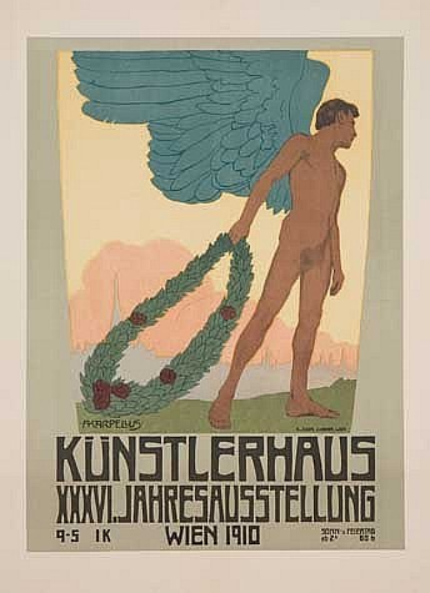 Deutsches Propagandaplakat aus dem Jahr 1910 mit einem geflügelten Mann in heroischer Pose mit einem Kranz, betitelt "Künstlerhaus Wien 1910", unter Verwendung von leuchtenden Farben und fetter Schrift.