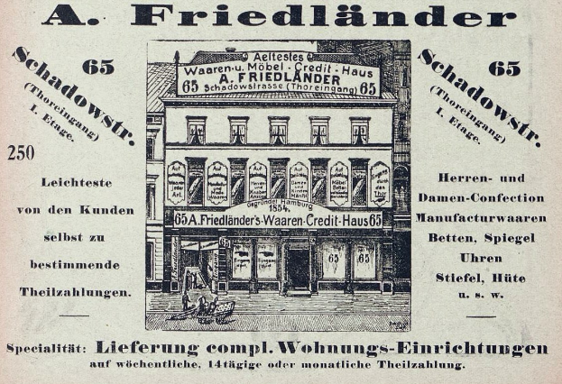 Schwarze Werbung für einen Friedländer-Laden in Deutschland, der ein Gebäude mit Text auf der Fassade zeigt.