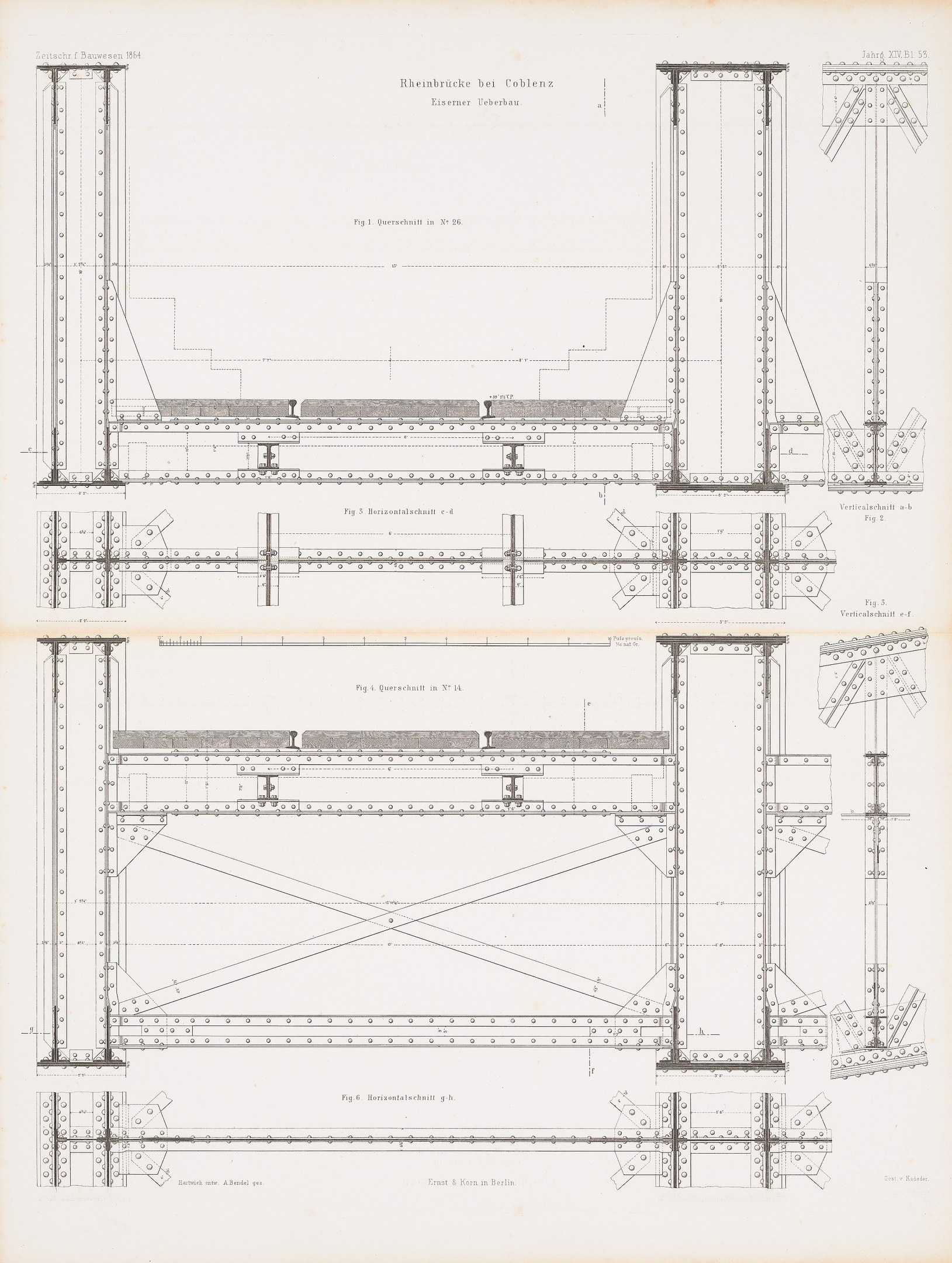 Ausführliches architektonisches Detailbild eines Brückenbauplans aus einem Buch, das Konstruktionskomponenten wie Balken und Seile mit begleitendem Text zeigt.