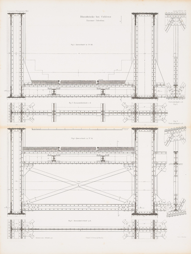 Ausführliches architektonisches Detailbild eines Brückenbauplans aus einem Buch, das Konstruktionskomponenten wie Balken und Seile mit begleitendem Text zeigt.