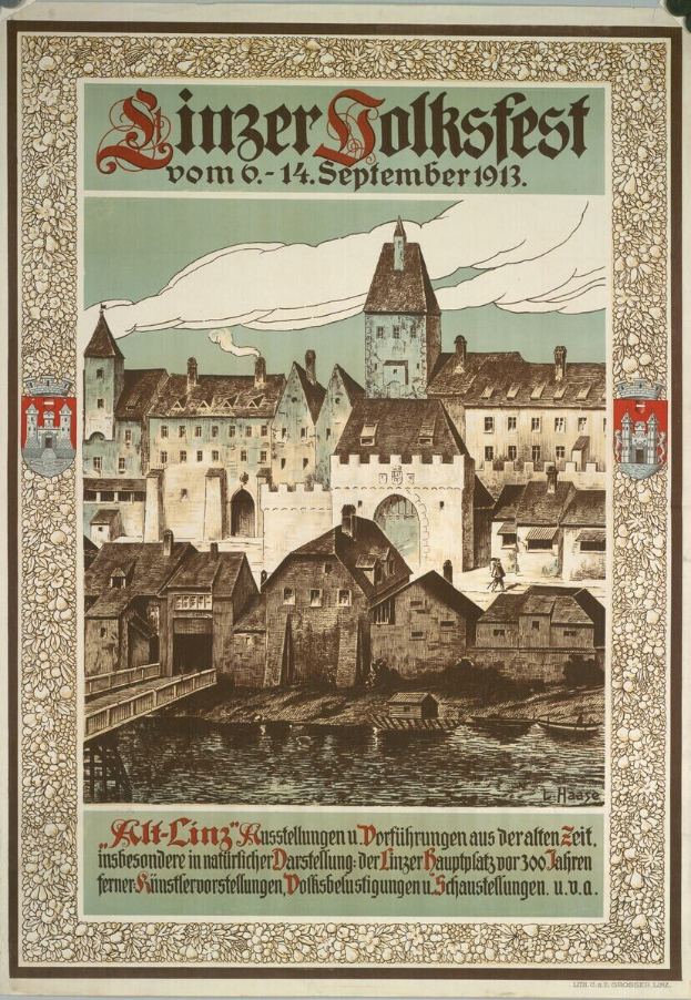Schwarz-weiß-Plakat, das ein Festival in Deutschland ankündigt, zeigt eine Burg umgeben von Häusern mit Text zu den Festivaldetails.